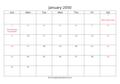 january 2050 calendar printable with uk bank holidays