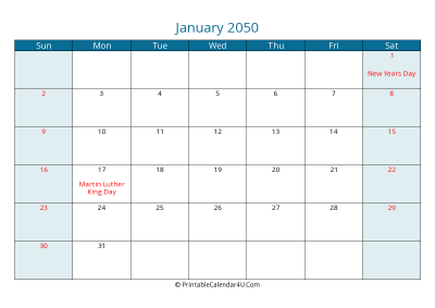 january 2050 calendar printable with us holidays, sunday start, landscape, letter paper size