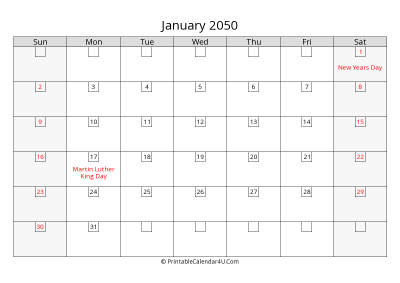 january 2050 calendar with days in box