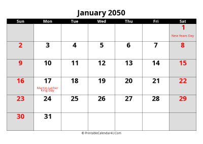 january 2050 editable calendar with large font size