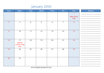 january 2050 printable calendar with us holidays, sunday start, side notes, landscape, letter