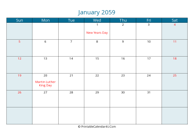 january 2059 calendar printable with us holidays, sunday start, landscape, letter paper size
