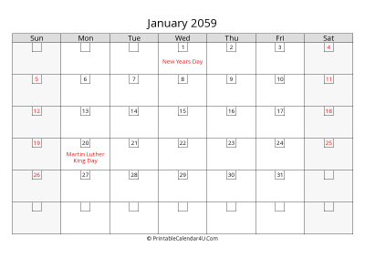 january 2059 calendar with days in box