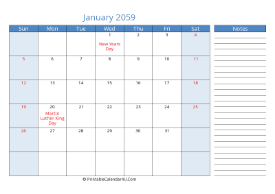 january 2059 printable calendar with us holidays, sunday start, side notes, landscape, letter