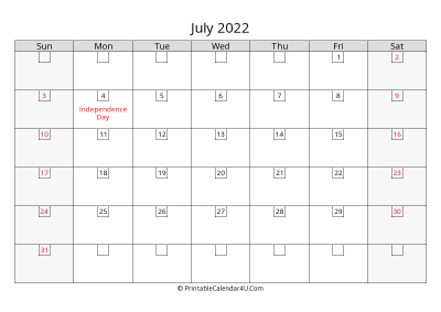july 2022 calendar with days in box
