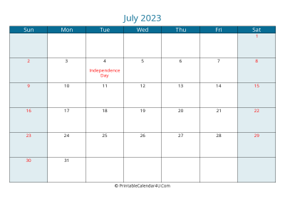 july 2023 calendar printable with us holidays, sunday start, landscape, letter paper size