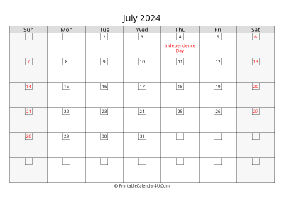 july 2024 calendar with days in box