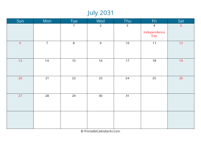 july 2031 calendar printable with us holidays, sunday start, landscape, letter paper size