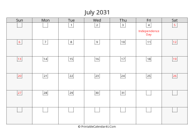 july 2031 calendar with days in box