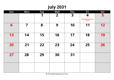 july 2031 editable calendar with large font size