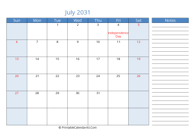 july 2031 printable calendar with us holidays, sunday start, side notes, landscape, letter