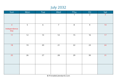 july 2032 calendar printable with us holidays, sunday start, landscape, letter paper size