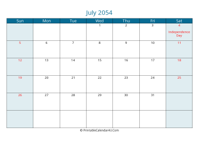 july 2054 calendar printable with us holidays, sunday start, landscape, letter paper size
