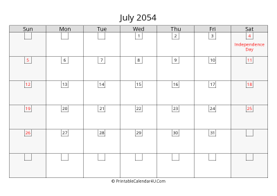 july 2054 calendar with days in box