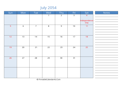 july 2054 printable calendar with us holidays, sunday start, side notes, landscape, letter