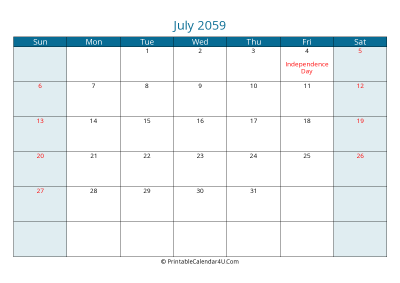 july 2059 calendar printable with us holidays, sunday start, landscape, letter paper size