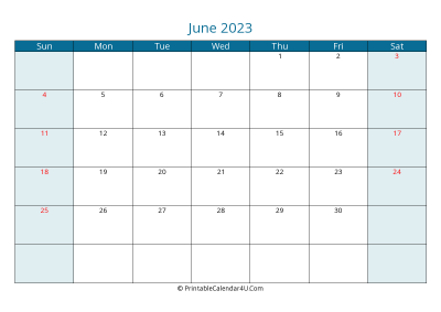 june 2023 calendar printable with us holidays, sunday start, landscape, letter paper size