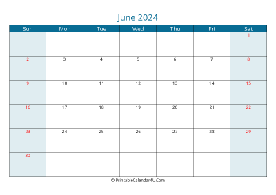 june 2024 calendar printable with us holidays, sunday start, landscape, letter paper size