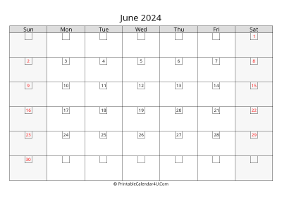 june 2024 calendar with days in box
