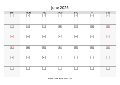 june 2026 calendar with days in box