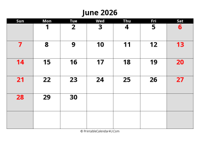 june 2026 editable calendar with large font size