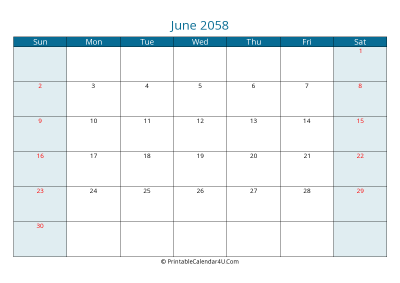 june 2058 calendar printable with us holidays, sunday start, landscape, letter paper size