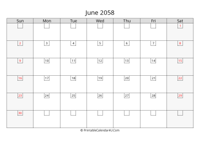 june 2058 calendar with days in box