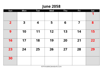 june 2058 editable calendar with large font size