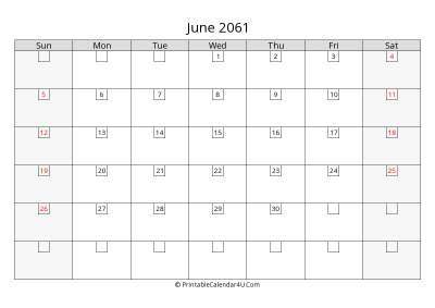 june 2061 calendar with days in box