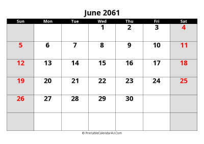 june 2061 editable calendar with large font size