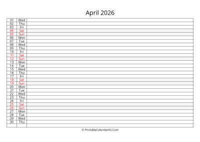 lined calendar april 2026