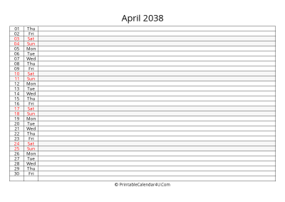lined calendar april 2038