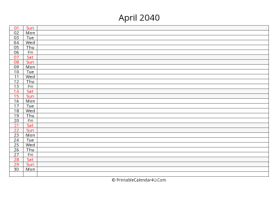 lined calendar april 2040