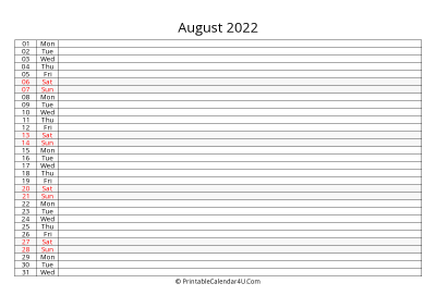 lined calendar august 2022