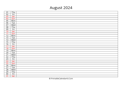 lined calendar august 2024