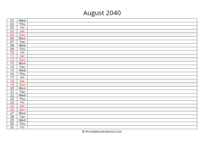 lined calendar august 2040