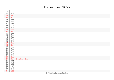 lined calendar december 2022