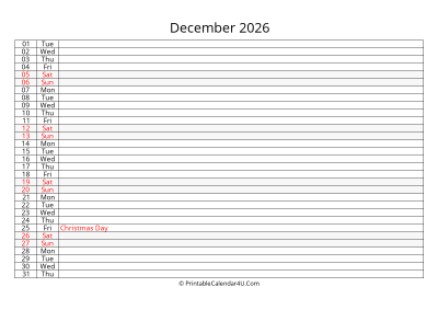 lined calendar december 2026
