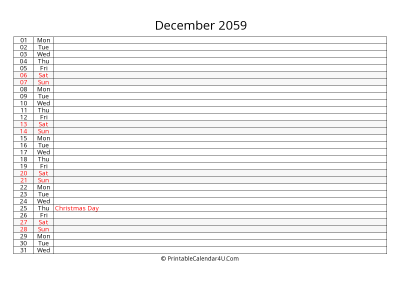 lined calendar december 2059