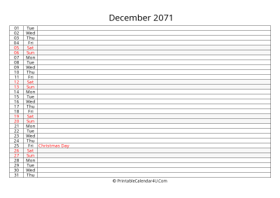 lined calendar december 2071