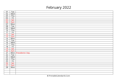 lined calendar february 2022