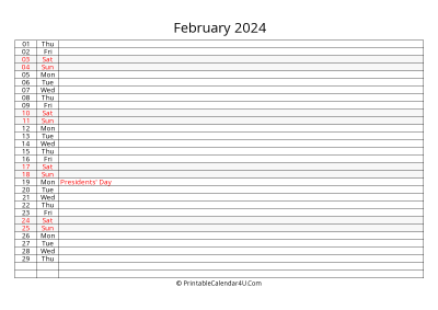 lined calendar february 2024