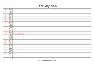 lined calendar february 2026