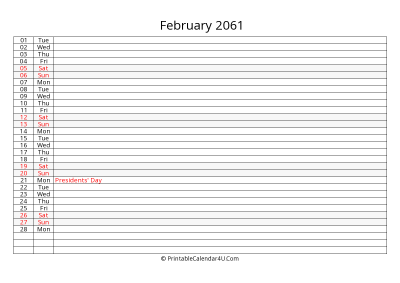 lined calendar february 2061