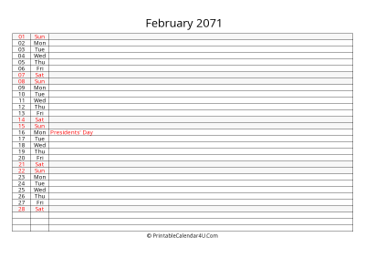 lined calendar february 2071