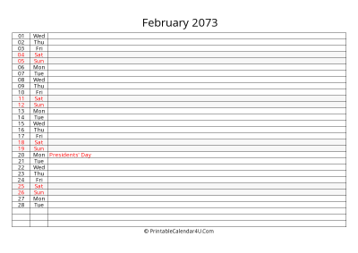 lined calendar february 2073