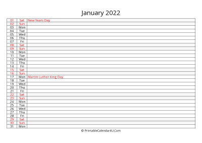 lined calendar january 2022