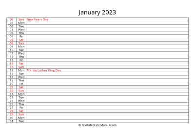 lined calendar january 2023