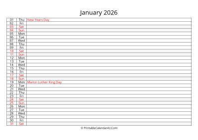 lined calendar january 2026