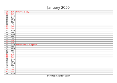 lined calendar january 2050